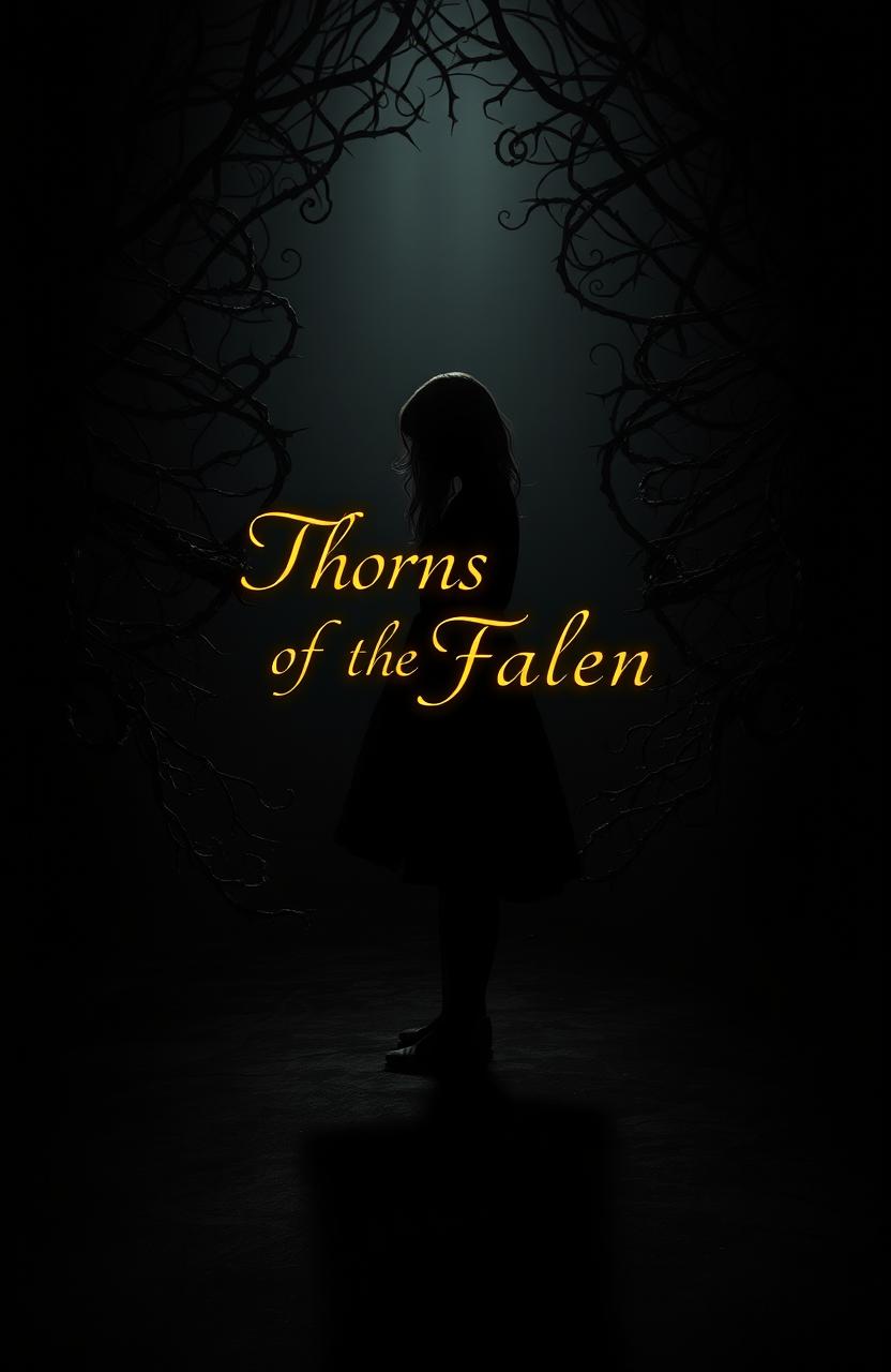 A mystical and dark scene featuring a silhouette of a girl surrounded by intricate and ominous thorns