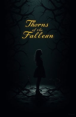 A mystical and dark scene featuring a silhouette of a girl surrounded by intricate and ominous thorns