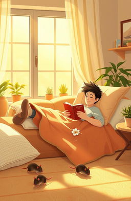 A serene and peaceful scene featuring a person lounging comfortably in a cozy living room, surrounded by soft pillows and a warm blanket