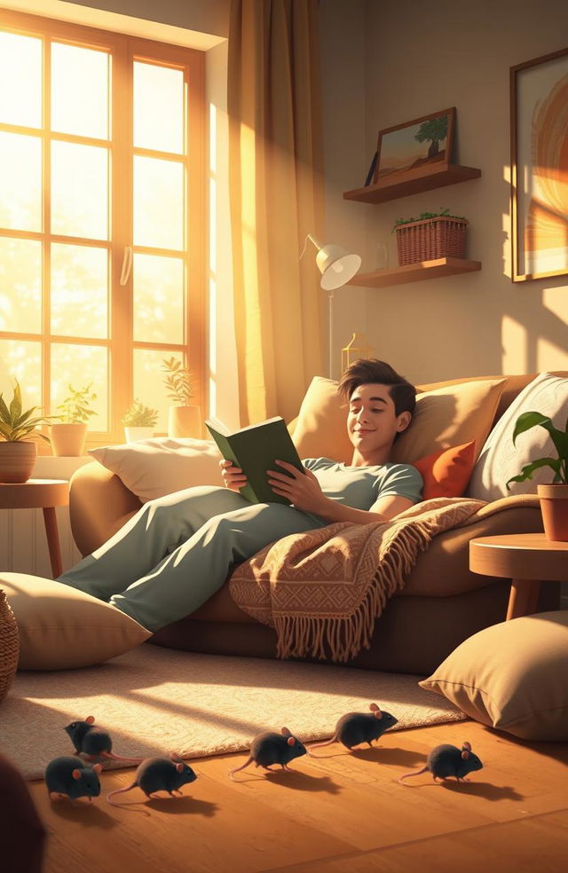 A serene and peaceful scene featuring a person lounging comfortably in a cozy living room, surrounded by soft pillows and a warm blanket