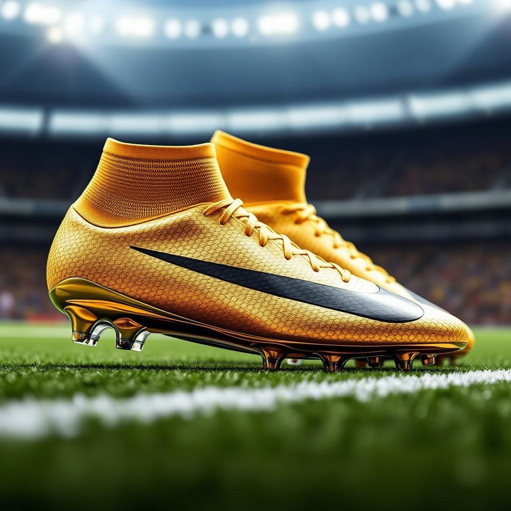 A visually striking pair of Nike Mercurial football boots inspired by the Ballon d'Or, featuring a sleek and aerodynamic design