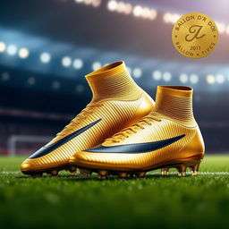 A visually striking pair of Nike Mercurial football boots inspired by the Ballon d'Or, featuring a sleek and aerodynamic design