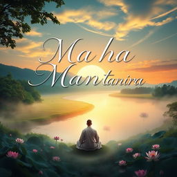 A serene and meditative landscape featuring the words 'Maha Mantra' elegantly displayed in a flowing, spiritual font