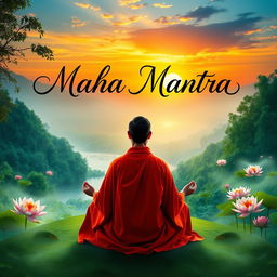 A serene and meditative landscape featuring the words 'Maha Mantra' elegantly displayed in a flowing, spiritual font