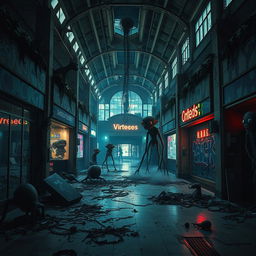 An eerie and abandoned mall, filled with dim lighting and scattered debris, showcasing a variety of weird creatures lurking in the shadows