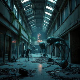 An eerie and abandoned mall, filled with dim lighting and scattered debris, showcasing a variety of weird creatures lurking in the shadows
