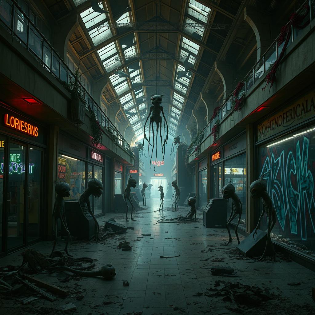 An eerie and abandoned mall, filled with dim lighting and scattered debris, showcasing a variety of weird creatures lurking in the shadows