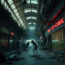 An eerie and abandoned mall, filled with dim lighting and scattered debris, showcasing a variety of weird creatures lurking in the shadows