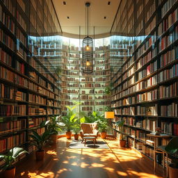A mesmerizing library featuring towering glass shelves filled with an extensive collection of colorful books