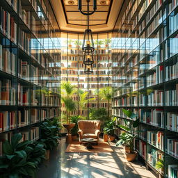 A mesmerizing library featuring towering glass shelves filled with an extensive collection of colorful books