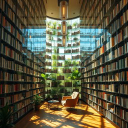 A mesmerizing library featuring towering glass shelves filled with an extensive collection of colorful books