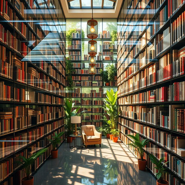 A mesmerizing library featuring towering glass shelves filled with an extensive collection of colorful books