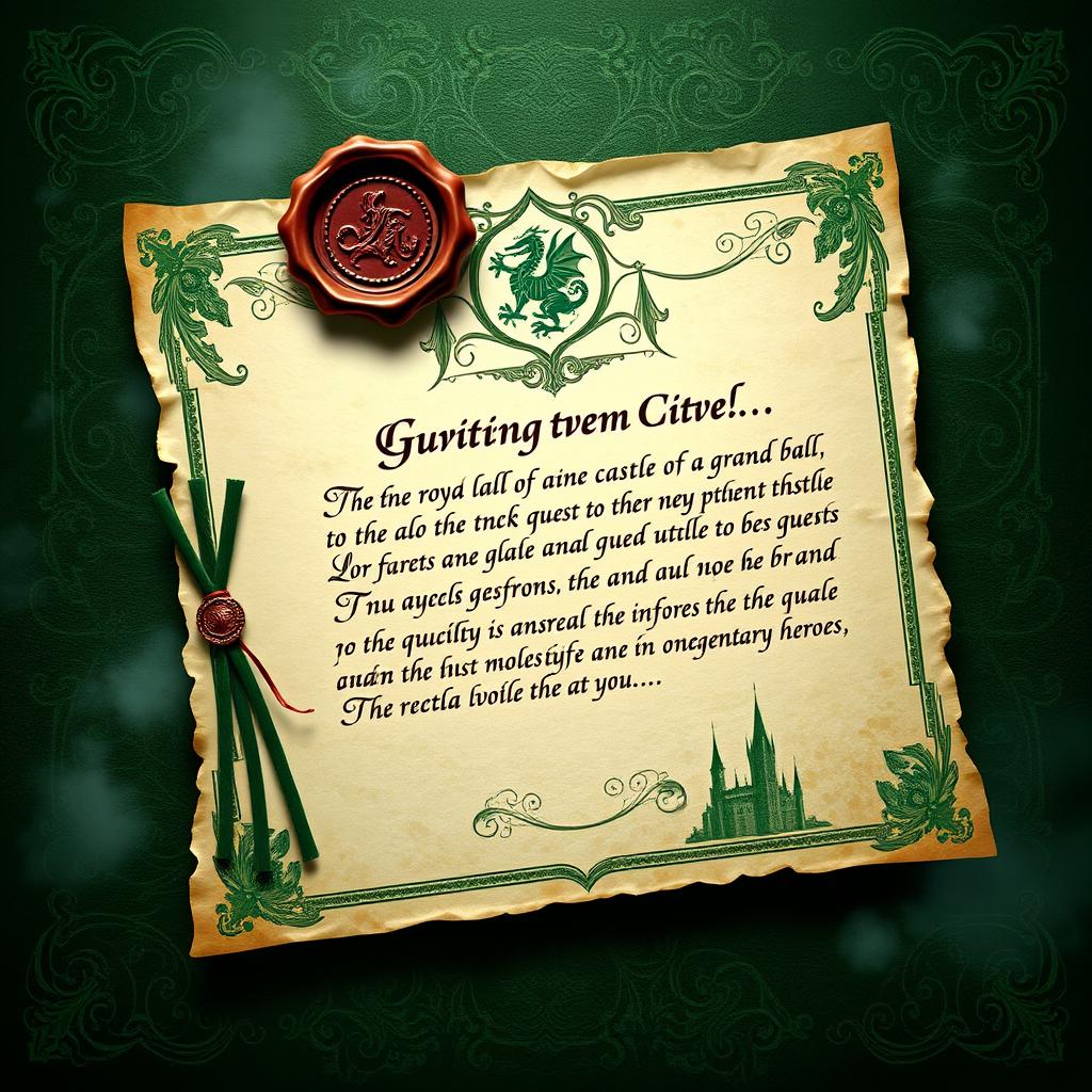 A beautifully crafted royal letter for a Dungeons & Dragons setting, featuring ornate medieval calligraphy, a wax seal stamped with a dragon emblem, and decorative borders adorned with intricate designs of mythical creatures and castles