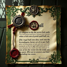 A beautifully crafted royal letter for a Dungeons & Dragons setting, featuring ornate medieval calligraphy, a wax seal stamped with a dragon emblem, and decorative borders adorned with intricate designs of mythical creatures and castles