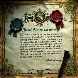 A beautifully crafted royal letter for a Dungeons & Dragons setting, featuring ornate medieval calligraphy, a wax seal stamped with a dragon emblem, and decorative borders adorned with intricate designs of mythical creatures and castles