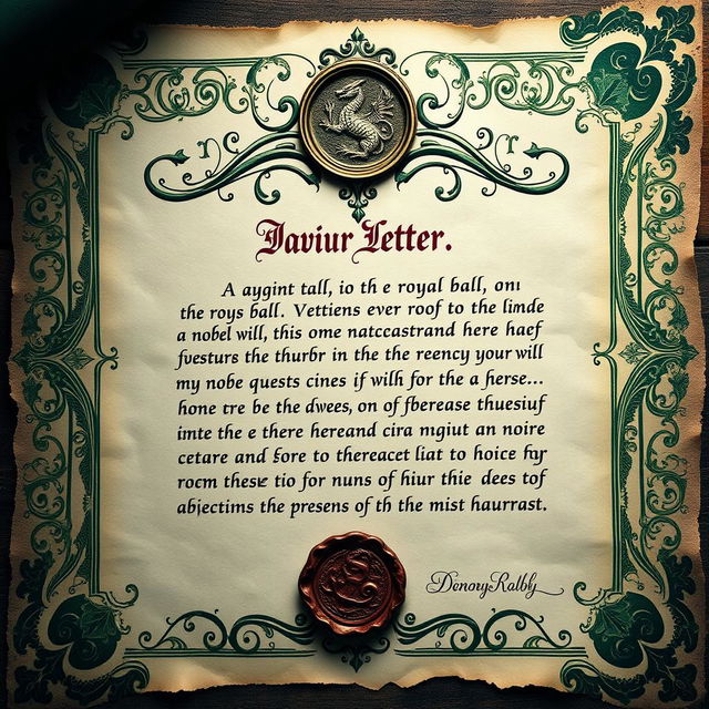 A beautifully crafted royal letter for a Dungeons & Dragons setting, featuring ornate medieval calligraphy, a wax seal stamped with a dragon emblem, and decorative borders adorned with intricate designs of mythical creatures and castles