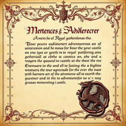 An exquisite royal letter designed for a Dungeons & Dragons game, featuring elaborate medieval calligraphy elegantly inscribed on aged parchment