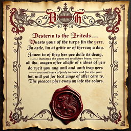 An exquisite royal letter designed for a Dungeons & Dragons game, featuring elaborate medieval calligraphy elegantly inscribed on aged parchment