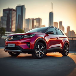A beautifully designed car, showcasing a Tiggo model, parked in an urban environment with a stunning skyline in the background
