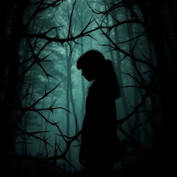 A dark and dramatic scene featuring sharp thorns surrounding the silhouette of a girl in the center, who appears to be in anguish as the thorns pierce her skin