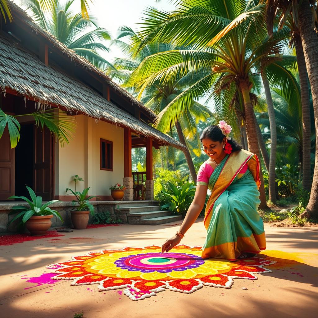 A vibrant and colorful scene depicting a Tamil village house with traditional architecture, complete with a thatched roof and earthy tones