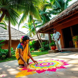 A vibrant and colorful scene depicting a Tamil village house with traditional architecture, complete with a thatched roof and earthy tones