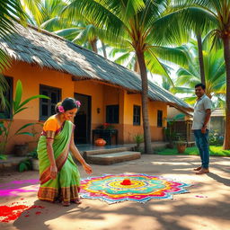 A vibrant and colorful scene depicting a Tamil village house with traditional architecture, complete with a thatched roof and earthy tones