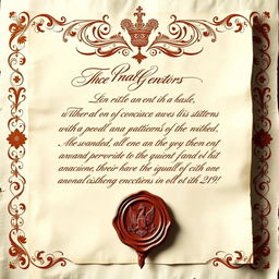 An elegant royal letter featuring luxurious, flowing calligraphy on aged ivory parchment