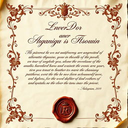 An elegant royal letter featuring luxurious, flowing calligraphy on aged ivory parchment
