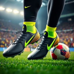 A vivid portrayal of the Nike Phantom GT football boots worn by Neymar, emphasizing their sleek design and vibrant colors