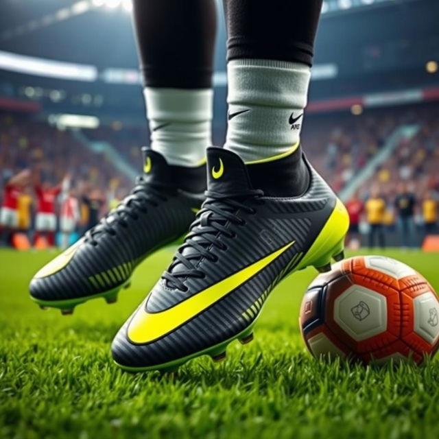 A vivid portrayal of the Nike Phantom GT football boots worn by Neymar, emphasizing their sleek design and vibrant colors