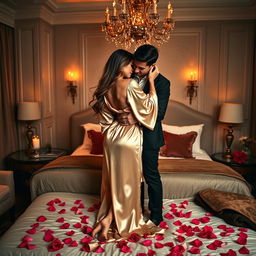 A luxurious bedroom setting with an elegantly dressed couple engaged in a romantic embrace