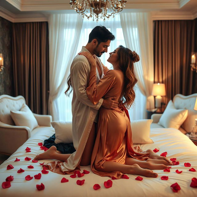 A luxurious bedroom setting with an elegantly dressed couple engaged in a romantic embrace