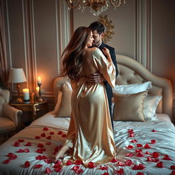 A luxurious bedroom setting with an elegantly dressed couple engaged in a romantic embrace