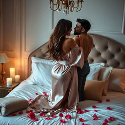 A luxurious bedroom setting with an elegantly dressed couple engaged in a romantic embrace