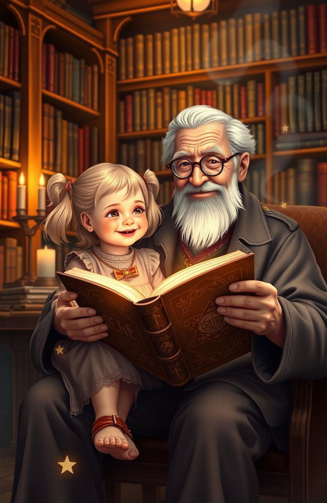 A heartwarming scene of a little girl with blonde pigtails and a joyful expression, sitting on the lap of an elderly grandfather with a warm smile and spectacles, both holding an ancient, magical book glowing with enchanting symbols