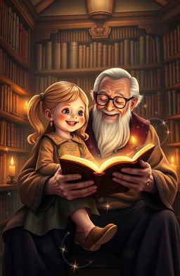 A heartwarming scene of a little girl with blonde pigtails and a joyful expression, sitting on the lap of an elderly grandfather with a warm smile and spectacles, both holding an ancient, magical book glowing with enchanting symbols