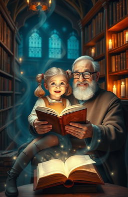 A heartwarming scene of a little girl with blonde pigtails and a joyful expression, sitting on the lap of an elderly grandfather with a warm smile and spectacles, both holding an ancient, magical book glowing with enchanting symbols