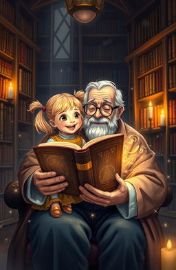 A heartwarming scene of a little girl with blonde pigtails and a joyful expression, sitting on the lap of an elderly grandfather with a warm smile and spectacles, both holding an ancient, magical book glowing with enchanting symbols