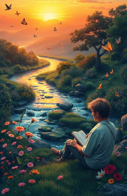 A serene landscape depicting the beauty of nature, where life is represented through various elements like blooming flowers, vibrant greenery, and gentle flowing rivers