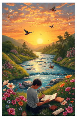 A serene landscape depicting the beauty of nature, where life is represented through various elements like blooming flowers, vibrant greenery, and gentle flowing rivers