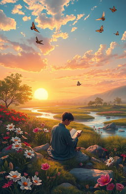 A serene landscape depicting the beauty of nature, where life is represented through various elements like blooming flowers, vibrant greenery, and gentle flowing rivers