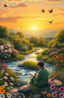 A serene landscape depicting the beauty of nature, where life is represented through various elements like blooming flowers, vibrant greenery, and gentle flowing rivers
