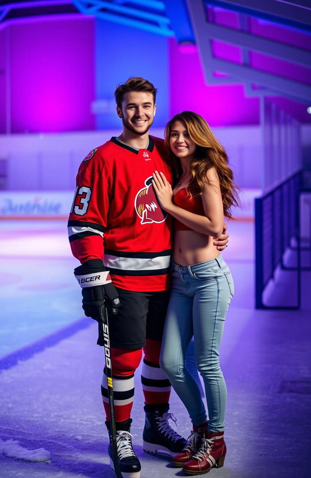 A romantic couple standing together outside an ice rink, showcasing vibrant purple and light blue colors in the background