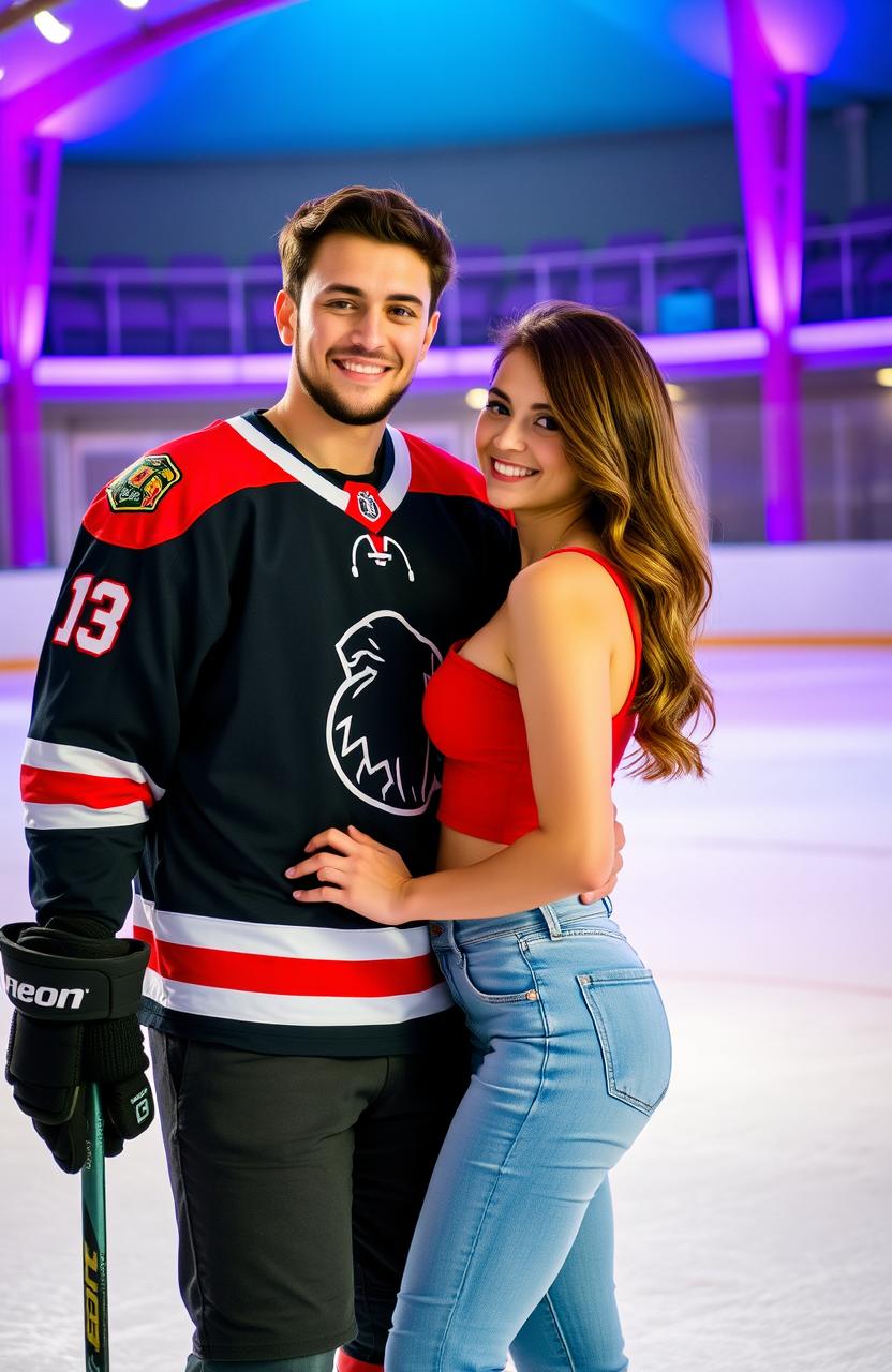 A romantic couple standing together outside an ice rink, showcasing vibrant purple and light blue colors in the background