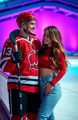 A romantic couple standing together outside an ice rink, showcasing vibrant purple and light blue colors in the background