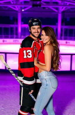 A romantic couple standing together outside an ice rink, showcasing vibrant purple and light blue colors in the background
