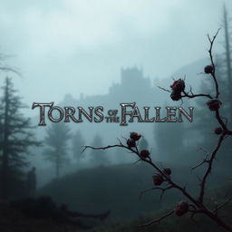 A misty forest or a desolate landscape shrouded in shadows, conveying a sense of mystery, with a prominent thorny vine or branch in the foreground