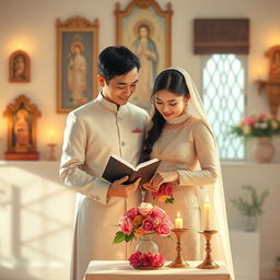 A heartwarming scene illustrating the deep piousness between a husband and wife in a serene setting