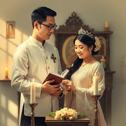 A heartwarming scene illustrating the deep piousness between a husband and wife in a serene setting